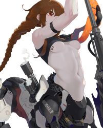 Rule 34 | 1girl, absurdres, arm strap, braid, braided ponytail, breast tattoo, breasts, brown hair, centauroid, crop top, crying, crying with eyes open, cyborg, highres, holding, holding polearm, holding weapon, long hair, mechanical arms, medium breasts, navel, original, polearm, single braid, single mechanical arm, sleeveless, smoke, solo, stomach, tattoo, taur, tears, underboob, very long hair, weapon, yunimaru