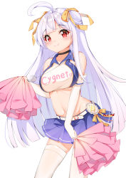 Rule 34 | 1girl, absurdres, ahoge, azur lane, bad id, bad pixiv id, black choker, blue skirt, blush, breasts, catnnn, cheerleader, choker, collarbone, commentary request, cygnet (azur lane), cygnet (royal fanfare) (azur lane), elbow gloves, gloves, hair ornament, hair ribbon, highres, large breasts, long hair, looking at viewer, navel, red eyes, revision, ribbon, simple background, skirt, smile, solo, thighhighs, white background, white gloves, white hair, white thighhighs, yellow ribbon