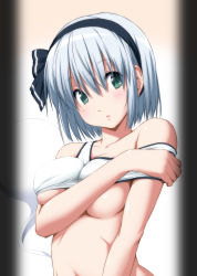 Rule 34 | 1girl, :o, alternate costume, bare arms, bare shoulders, black ribbon, breasts, clothes lift, covered erect nipples, floating, ghost, green eyes, hair ribbon, hairband, head tilt, highres, hitodama, konpaku youmu, konpaku youmu (ghost), lifted by self, looking at viewer, medium breasts, midriff, nori tamago, parted lips, pillarboxed, ribbon, shiny skin, shirt lift, short hair, silver hair, sleeveless, solo, tank top, tareme, touhou, underboob, undressing, upper body