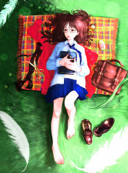 Rule 34 | 1girl, bad id, bad pixiv id, bag, barefoot, book, braid, briefcase, brown hair, commentary request, cross, cutting hair, feathers, feet, full body, glasses, loafers, lying, natsui tuna, necktie, on back, original, red eyes, revision, school bag, school briefcase, school uniform, severed hair, shoes, unworn shoes, short hair, skirt, solo, toes