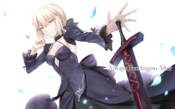 Rule 34 | 1girl, absurdres, artoria pendragon (all), artoria pendragon (fate), besmiled, black dress, blonde hair, breasts, brown eyes, character name, closed mouth, commission, dress, excalibur morgan (fate), fate/grand order, fate (series), hair between eyes, highres, long sleeves, medium breasts, petals, pixiv commission, saber alter, sidelocks, simple background, solo, white background