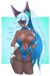 Rule 34 | 1girl, animal ear fluff, animal ears, bare shoulders, blue choker, blue hair, blue leotard, blue lips, blue nails, breasts, choker, ciella, commentary, covered eyes, cowboy shot, dark-skinned female, dark skin, dragalia lost, dragalialust, english commentary, facing viewer, highres, large breasts, leotard, lipstick, long hair, makeup, navel, pantyhose, playboy bunny, ponytail, rabbit ears, rabbit tail, solo, strapless, strapless leotard, tail, very long hair