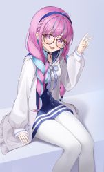Rule 34 | 1girl, absurdres, bespectacled, black ribbon, blue background, blue bow, blue bowtie, blue hair, blue hairband, blue skirt, blush, bow, bowtie, braid, breasts, feet out of frame, glasses, hairband, hand up, highres, hololive, jacket, long hair, long sleeves, masmas (bugi), medium breasts, minato aqua, minato aqua (sailor), multicolored hair, neck ribbon, open clothes, open jacket, open mouth, pantyhose, pink eyes, pink hair, ribbon, simple background, sitting, skirt, solo, streaked hair, two-tone hair, v, virtual youtuber, white jacket, white pantyhose