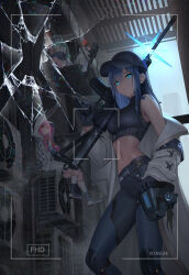 Rule 34 | 4girls, absurdres, air conditioner, ankle ribbon, anti-materiel rifle, assault rifle, atsuko (blue archive), bad anatomy, baseball cap, belt, belt pouch, black belt, black footwear, black gloves, black hair, black headwear, black pants, black shirt, black socks, blue archive, blue eyes, boots, bow, braid, breasts, broken glass, cabbie hat, city, closed mouth, coat, commentary request, condenser unit, crop top, day, dress, feet out of frame, fim-92 stinger, glass, gloves, green eyes, green hair, gun, hair between eyes, hair bow, hair ornament, hair over one eye, hairclip, halo, hat, highres, hiyori (blue archive), hood, hood up, hooded jacket, hoodie, jacket, kneehighs, leg ribbon, light green hair, loafers, long hair, long sleeves, looking at viewer, low twin braids, man-portable air-defense system, mask, unworn mask, medium breasts, midriff, misaki (blue archive), missile launcher, mouth mask, multiple girls, navel, ntw-20, off shoulder, open mouth, outdoors, pants, pink hair, bulletproof vest, pouch, red eyes, ribbon, rifle, rocket launcher, saori (blue archive), scarf, shirt, shoes, short hair, side ponytail, sig 516, sig sauer, sitting, sitting on object, skirt, sleeveless, sleeveless shirt, sniper rifle, socks, stomach, surgical mask, teeth, twin braids, underbust, user pvza4475, viewfinder, weapon, white coat, white dress, white jacket, white scarf