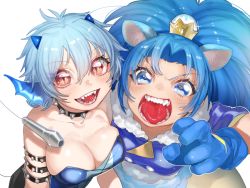 Rule 34 | 10s, 2girls, :d, animal ears, armlet, bad id, bad pixiv id, black neckwear, blue dress, blue eyes, blue gloves, blue leotard, breasts, cable, choker, cowboy shot, crossover, crown, cure gelato, dress, eyelashes, fins, fur trim, glint, gloves, hair between eyes, head fins, horns, kirakira precure a la mode, large breasts, leotard, long hair, mermaid melody pichi pichi pitch, microphone, mini crown, multiple girls, ohisashiburi, open mouth, parted bangs, precure, red eyes, saliva, sharp teeth, short hair, simple background, slit pupils, smile, spiked armlet, spiked choker, spikes, strapless, tategami aoi, teeth, tube top, v-shaped eyebrows, white background