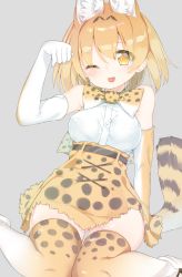 Rule 34 | 10s, 1girl, :p, ;3, ;p, animal ears, bad id, bad pixiv id, blonde hair, blush, breasts, elbow gloves, gloves, grey background, hand up, high-waist skirt, highres, kamioka shun&#039;ya, kemono friends, looking at viewer, medium breasts, one eye closed, serval (kemono friends), serval print, short hair, simple background, sitting, skirt, solo, tail, thighhighs, tongue, tongue out, wariza, white gloves, yellow eyes