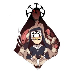 Rule 34 | 1girl, breasts, closed eyes, double (skullgirls), habit, heart, heart hands, higa norio, looking at viewer, nun, simple background, skullgirls, smile, solo, traditional nun, white background