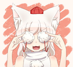 Rule 34 | 1girl, :3, :d, animal ears, bare shoulders, blush, covering own eyes, hat, inubashiri momiji, open mouth, pink background, pom pom (clothes), portrait, simple background, smile, solo, sweater vest, tochinoko, touhou, turtleneck, upper body, white hair, wolf ears