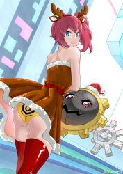 1girl aiba_ami ass blue_eyes christmas digimon digimon_story:_cyber_sleuth goggles goggles_on_head hagurumon long_hair panties red_hair sidetail solo themed_clothing themed_panties themed_underwear underwear