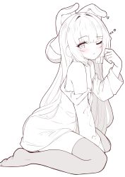Rule 34 | 1girl, absurdres, azur lane, between legs, blush, closed mouth, collared shirt, commentary request, dress shirt, hand between legs, hand up, highres, long hair, long sleeves, looking at viewer, monochrome, moyoron, no shoes, off shoulder, official alternate costume, one eye closed, shirt, simple background, sitting, sleepy, solo, spot color, tashkent (azur lane), tashkent (the blue snoozer) (azur lane), thighhighs, very long hair, wariza, white background