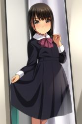 Rule 34 | 1girl, absurdres, black dress, black hair, blush, bow, brown eyes, closed mouth, collared dress, dress, highres, long hair, long sleeves, looking at viewer, matsunaga kouyou, mirror, nose blush, original, pleated dress, purple bow, reflection, school uniform, skirt hold, smile, solo