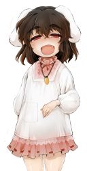 Rule 34 | 1girl, alternate costume, animal ears, apron, bad id, bad twitter id, brown hair, carrot necklace, commentary request, cowboy shot, fang, fuurisuto, highres, inaba tewi, jewelry, kappougi, long sleeves, looking at viewer, miniskirt, necklace, open mouth, pink skirt, pleated skirt, rabbit ears, red eyes, ribbon-trimmed skirt, ribbon trim, simple background, skirt, smile, solo, thick eyebrows, touhou, white background