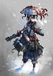 Rule 34 | 1girl, backpack, bag, canteen, dagger, erica (naze1940), full body, gas mask, gloves, grenade launcher, hat, highres, holding, holding weapon, knife, mask, original, ponytail, snowing, solo, weapon