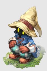 Rule 34 | black mage (final fantasy), blue coat, coat, final fantasy, final fantasy ix, gloves, grass, grey background, hat, hungry clicker, long sleeves, no humans, pants, red gloves, shoes, simple background, solo, standing, yellow eyes, yellow hat