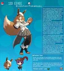 Rule 34 | 1boy, 1girl, animal feet, animal hands, artist name, beret, black thighhighs, blue background, book, brown eyes, brown hair, capelet, character name, character profile, commentary, creatures (company), eevee, english commentary, english text, game freak, gen 1 pokemon, grey skirt, hat, hat feather, highres, holding, holding book, jacket, kinkymation, long hair, nintendo, personification, poke ball, poke ball (basic), pokemon, pokemon ears, pokemon tail, purple hair, skirt, spats (footwear), tail, tailcoat, thighhighs, toeless legwear, vest, wavy hair, white headwear, white jacket, zettai ryouiki