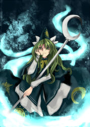 Rule 34 | 1girl, bad id, bad pixiv id, blue hat, bow, capelet, crescent moon, female focus, green eyes, green hair, hat, long hair, mima (touhou), moon, smile, solo, staff, touhou, touhou (pc-98), yuma (cobhc666)