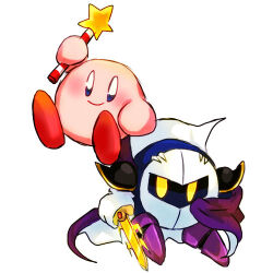 Rule 34 | 2boys, :d, armor, armored boots, black cape, blue eyes, blush, blush stickers, boots, cape, closed mouth, happy, holding, holding sword, holding weapon, kirby, kirby (series), lowres, mask, meta knight, multiple boys, nintendo, no humans, open mouth, purple cape, purple footwear, simple background, smile, sword, tokuura, wand, weapon, white background