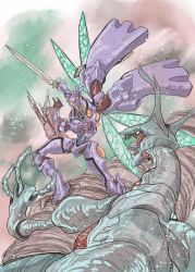 Rule 34 | dunbine, fantasy, green eyes, highres, holding, holding sword, holding weapon, insect wings, mecha, monster, open mouth, orange eyes, robot, seisenshi dunbine, sharp teeth, solo focus, sword, teeth, tongue, tongue out, tsushima naoto, weapon, wings