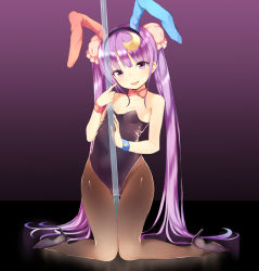Rule 34 | 1girl, alternate costume, alternate hairstyle, animal ears, bare shoulders, black pantyhose, blush, bow, bowtie, breasts, covered navel, crescent, crescent hair ornament, fake animal ears, hair ornament, leotard, long hair, looking at viewer, open mouth, pantyhose, patchouli knowledge, playboy bunny, pokachu, pole, pole dancing, purple eyes, purple hair, rabbit ears, small breasts, smile, solo, stripper pole, touhou, twintails, very long hair