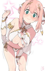 Rule 34 | 1girl, @ @, bare shoulders, bikini, blush, braid, braided hair rings, breasts, closed mouth, commentary request, criss-cross halter, dated, green eyes, hair ornament, halterneck, hand on own thigh, hand up, highres, large breasts, looking at viewer, navel, nose blush, pink hair, princess connect!, rkrk, short hair, signature, solo, standing, star (symbol), starry background, swimsuit, tears, thighs, wavy mouth, white background, white bikini, yui (ceremonial) (princess connect!), yui (princess connect!)