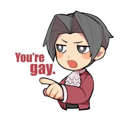 Rule 34 | 1boy, ace attorney, ascot, blush stickers, bright pupils, chibi, cropped torso, dot nose, english text, frilled ascot, frills, grey eyes, grey hair, hair intakes, highres, jacket, long sleeves, male focus, miles edgeworth, open clothes, open jacket, open mouth, pointing, red jacket, short hair, simple background, solo, upper body, white ascot, white background, white pupils, yezhi (48693232)