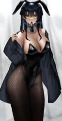 Rule 34 | 1girl, animal ears, bare shoulders, black hair, black jacket, black leotard, blush, breasts, cleavage, collarbone, covered navel, detached collar, fake animal ears, faton, fishnet pantyhose, fishnets, green eyes, highleg, highleg leotard, highres, jacket, large breasts, leotard, long hair, long sleeves, looking at viewer, mouth hold, necktie, off shoulder, open clothes, open jacket, original, pantyhose, playboy bunny, rabbit ears, solo, strapless, strapless leotard, thighs