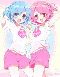 Rule 34 | 1boy, 1girl, :d, arm up, blue eyes, blue hair, blush, bra strap, braid, brother and sister, clothes writing, copyright name, dorothy west, heart, heart print, highres, holding hands, reona west, looking at viewer, marueri, mole, mole under eye, open mouth, pink eyes, pink hair, pink shorts, pretty series, print shirt, pripara, shirt, short hair, short sleeves, shorts, siblings, side braid, smile, sparkle, t-shirt, tied shirt, twins, v-shaped eyebrows, white shirt