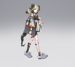 Rule 34 | 1girl, :p, arknights, bag, black shirt, blonde hair, coat, demon girl, demon horns, demon tail, full body, gradient background, grey background, grey bag, highres, holding, holding bag, horns, ifrit (arknights), looking at viewer, material growth, negasw, orange eyes, oripathy lesion (arknights), shirt, shoes, short hair, short twintails, simple background, sneakers, solo, tail, tongue, tongue out, twintails, walking, white coat, white footwear, wristband