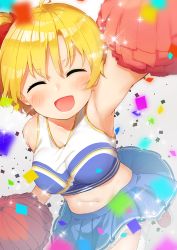 Rule 34 | 1girl, :d, ^ ^, armpits, bare shoulders, blonde hair, blush, cheerleader, confetti, closed eyes, navel, open mouth, original, outstretched arm, pom pom (cheerleading), shoes, short hair, side ponytail, skirt, smile, sneakers, socks, solo, sparkle, tofu1601