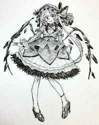 Rule 34 | 1girl, alternate hairstyle, blush, bow, flandre scarlet, full body, greyscale, hat, high heels, highres, jewelry, juliet sleeves, long hair, long sleeves, looking at viewer, mashimashi, mob cap, monochrome, puffy sleeves, ring, solo, standing, touhou, traditional media, twintails, very long hair