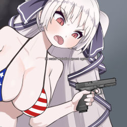 Rule 34 | 1girl, alternate breast size, american flag, american flag bikini, american flag print, angry, archived source, arm up, armpit crease, artia, bare arms, bare shoulders, bikini, blush, breasts, cleavage, collarbone, d:, dot nose, drawfag, elementalist, english text, fangs, flag print, front-tie bikini top, front-tie top, furrowed brow, glaring, glock, gradient background, grey background, gun, halterneck, handgun, highres, holding, holding gun, holding weapon, hololive, hololive china, large breasts, long hair, looking away, looking down, open mouth, pale skin, parted bangs, photo inset, print bikini, red eyes, ribbon, simple background, slit pupils, solo, string bikini, swimsuit, third-party source, twintails, united states, upper body, virtual youtuber, weapon, white hair