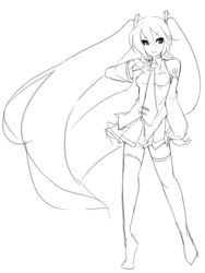 Rule 34 | 1girl, detached sleeves, eu03, greyscale, hatsune miku, long hair, monochrome, necktie, sketch, solo, tattoo, thighhighs, twintails, very long hair, vocaloid