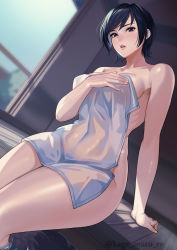 Rule 34 | 1girl, absurdres, black hair, blush, breasts, brown eyes, collarbone, completely nude, covered navel, covering privates, dutch angle, hand on own chest, highres, indoors, kagematsuri, looking at viewer, mature female, medium breasts, nude, nude cover, on floor, original, parted lips, photoshop (medium), short hair, sitting, soaking feet, solo, towel, twitter username, water