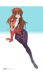 Rule 34 | 1girl, absurdres, arm support, artist request, bingwei huang, blue eyes, bodysuit, breasts, brown hair, curvy, dated, evangelion: 3.0+1.0 thrice upon a time, evangelion: 3.0 you can (not) redo, eyepatch, full body, highres, interface headset, long hair, looking at viewer, medium breasts, midriff, navel, neon genesis evangelion, one eye covered, own hands together, parted lips, plugsuit, rebuild of evangelion, red bodysuit, signature, simple background, sitting, skin tight, solo, souryuu asuka langley, two side up, wide hips