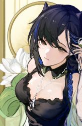 Rule 34 | 1girl, arknights, black collar, black hair, black shirt, blacknight (arknights), blacknight (summer flower) (arknights), braid, breasts, brown eyes, cleavage, collar, detached collar, flower, highres, horns, jewelry, large breasts, looking at viewer, mole, mole on breast, mole under eye, necklace, official alternate costume, qiuhai (xiaotaiyang167), shirt, sketch, solo, upper body, white flower