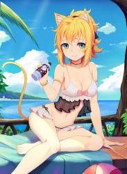 Rule 34 | 1girl, absurdres, animal ears, arm support, armlet, barefoot, bikini, blonde hair, blue sky, bottle, bow, bracelet, breasts, cat ears, cat tail, choker, cleavage, closed mouth, cloud, day, artistic error, frills, green eyes, highres, jewelry, looking at viewer, medium breasts, nail polish, navel, ocean, original, outdoors, pink bow, revision, see-through, short hair, short ponytail, showgirl skirt, sitting, sky, smile, solo, sonikey0 0, sweat, swimsuit, tail, tree, water