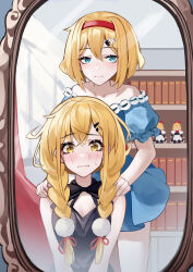 Rule 34 | 2girls, absurdres, ailu elf, alice margatroid, alternate costume, alternate hairstyle, bare shoulders, black dress, blonde hair, bookshelf, braid, closed mouth, commentary request, dress, embarrassed, hair ornament, hairband, hands on another&#039;s shoulders, highres, kirisame marisa, long hair, looking at mirror, looking at viewer, mirror, multiple girls, off-shoulder dress, off shoulder, pom pom (clothes), pom pom hair ornament, puffy short sleeves, puffy sleeves, red hairband, shanghai doll, shirt, short hair, short sleeves, sleeveless, sleeveless shirt, sweatdrop, touhou, twin braids, wavy mouth, white dress, yellow eyes