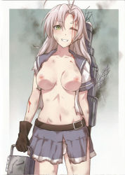 Rule 34 | 10s, 1girl, ;d, antenna hair, arms at sides, belt, belt buckle, blood, blood on face, blue skirt, blush, breasts, brown gloves, buckle, collarbone, gloves, gradient background, green eyes, grin, highres, holding, injury, kanden sky, kantai collection, kinugasa (kancolle), long hair, looking at viewer, machinery, medium breasts, miniskirt, navel, nipples, no bra, nude, one eye closed, open clothes, open mouth, open shirt, panties, pantyshot, parted bangs, pink hair, pleated skirt, scan, school uniform, scratches, serafuku, shirt, skirt, smile, smoke, solo, standing, stomach, teeth, torn clothes, torn shirt, torn skirt, underwear, very long hair, white panties, white shirt