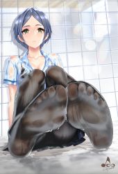 Rule 34 | 1girl, black bra, black pantyhose, blue hair, blue shirt, blush, bra, breasts, cleavage, closed mouth, collarbone, collared shirt, commentary request, feet, fine fabric emphasis, foot focus, green eyes, hayami kanade, highres, idolmaster, idolmaster cinderella girls, infinote, looking at viewer, medium breasts, no shoes, pantyhose, parted bangs, plaid, plaid skirt, shirt, short hair, short sleeves, sidelocks, signature, sitting, skirt, soles, solo, toes, toes up, underwear, wet, wet clothes