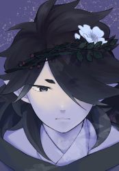 Rule 34 | 1boy, black hair, dottetedo, expressionless, fengxi (the legend of luoxiaohei), flower, hair flower, hair ornament, hair over one eye, leaf, long hair, pointy ears, portrait, solo, luo xiaohei zhanji, white flower