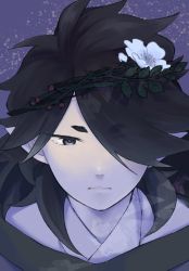 1boy black_hair dottetedo expressionless fengxi_(the_legend_of_luoxiaohei) flower hair_flower hair_ornament hair_over_one_eye leaf long_hair pointy_ears portrait solo luo_xiaohei_zhanji white_flower