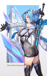Rule 34 | 1girl, absurdres, ass, black gloves, black hairband, blue cape, blue hair, blue necktie, blue sky, boots, breasts, cape, chest harness, closed mouth, clothing cutout, copyright name, cowboy shot, eula (genshin impact), from side, genshin impact, gloves, greatsword, grey background, hair ornament, hairband, hand up, harness, high-waist shorts, highres, holding, holding sword, holding weapon, large breasts, looking at viewer, luai, medium hair, necktie, outstretched arm, purple eyes, shorts, shoulder cutout, sidelocks, skindentation, sky, snow-tombed starsilver (genshin impact), solo, sword, sword behind back, thigh boots, weapon, white sleeves, wide sleeves
