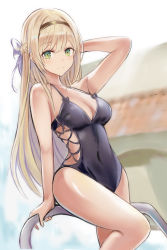 Rule 34 | 1girl, atelier (series), atelier ryza, atelier ryza 1, black one-piece swimsuit, blonde hair, breasts, brown hairband, casual one-piece swimsuit, cleavage, commentary request, covered navel, cowboy shot, green eyes, hairband, klaudia valentz, long hair, looking at viewer, medium breasts, nannacy7, one-piece swimsuit, pool ladder, solo, standing, swimsuit