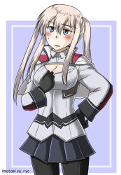 Rule 34 | 10s, 1girl, black gloves, blonde hair, breasts, cleavage, cleavage cutout, clothes pull, clothing cutout, cowboy shot, gloves, graf zeppelin (kancolle), grey eyes, hand on own hip, kantai collection, large breasts, miniskirt, motomiya ryou, no headgear, open mouth, pantyhose, pleated skirt, shirt pull, sidelocks, skirt, solo, sweatdrop, twintails, twitter username, uniform