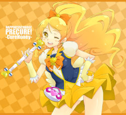 Rule 34 | 10s, 1girl, bad id, bad pixiv id, blonde hair, bow, bowtie, brooch, character name, checkered background, copyright name, cure honey, hair bow, hand on own hip, happinesscharge precure!, heart, heart brooch, jewelry, kannagi kaname, long hair, magical girl, one eye closed, oomori yuuko, orange background, panties, pantyshot, ponytail, precure, skirt, smile, solo, underwear, upskirt, wand, white panties, wide ponytail, wink, yellow eyes, yellow skirt
