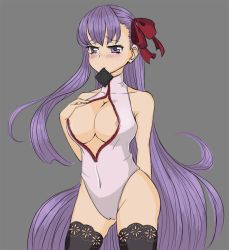 Rule 34 | 10s, 1girl, areola slip, arm behind back, bare shoulders, bb (fate), bb (fate/extra), black thighhighs, blush, breasts, cameltoe, cleavage, condom, condom in mouth, condom wrapper, drawfag, fate/extra, fate/extra ccc, fate (series), female focus, front zipper swimsuit, hair ribbon, lace, lace-trimmed legwear, lace trim, large breasts, long hair, looking at viewer, meme attire, mouth hold, one-piece swimsuit, purple eyes, purple hair, ribbon, solo, swimsuit, thighhighs, very long hair