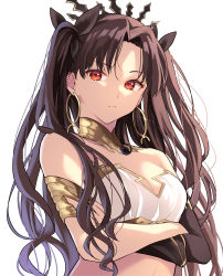 Rule 34 | 1girl, absurdres, bare shoulders, black hair, breasts, cleavage, crossed arms, crown, detached collar, earrings, elbow gloves, fate/grand order, fate (series), frown, gloves, hair ribbon, highres, hoop earrings, ishtar (fate), jewelry, lq saku, medium breasts, midriff, red eyes, ribbon, solo, two side up, white background