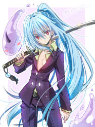 Rule 34 | 1other, akatsuki (ggsy7885), alternate eye color, alternate hairstyle, belt buckle, blue hair, border, buckle, collarbone, collared shirt, cosplay, flat chest, floating hair, hair between eyes, hair intakes, high ponytail, highres, holding, holding sword, holding weapon, jacket, katana, long hair, long sleeves, looking at viewer, nail polish, open clothes, open shirt, outline, pants, purple background, purple jacket, purple nails, purple pants, red eyes, rimuru tempest, shion (tensei shitara slime datta ken), shion (tensei shitara slime datta ken) (cosplay), shirt, signature, slime (creature), sparkle, sword, tensei shitara slime datta ken, very long hair, weapon, white border, white outline, wing collar, yellow shirt