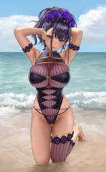 Rule 34 | 1girl, armband, arms behind head, arms up, barefoot, beach, breasts, commentary request, fate/grand order, fate (series), flower, hair flower, hair ornament, highleg, highleg swimsuit, highres, kneeling, large breasts, looking at viewer, murasaki shikibu (fate), murasaki shikibu (swimsuit rider) (fate), murasaki shikibu (swimsuit rider) (first ascension) (fate), one-piece swimsuit, purple eyes, purple hair, sand, see-through, single thighhigh, swimsuit, thighhighs, water, waves, yamaneko (tkdrumsco)