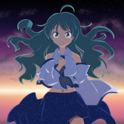 Rule 34 | 1girl, ahoge, arm behind back, blue skirt, breasts, cato (monocatienus), clenched hand, commentary request, cowboy shot, crying, crying with eyes open, detached sleeves, gradient sky, green eyes, green hair, hair blowing, hand on own chest, kochiya sanae, light smile, long hair, looking at viewer, medium breasts, midriff, outdoors, skirt, sky, solo, star (sky), starry sky, streaming tears, sunset, tears, touhou, vest, white vest, wind